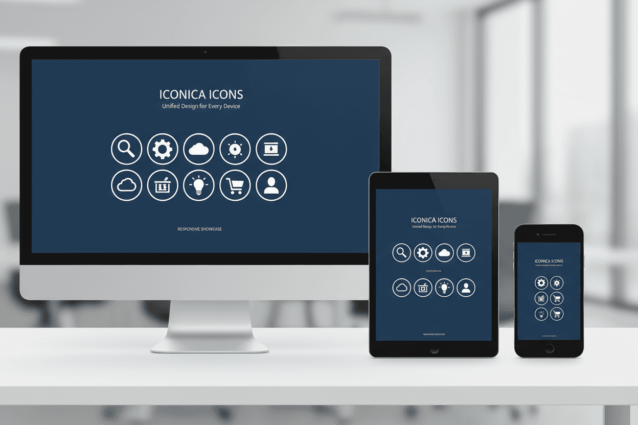 데스크톱, 태블릿, 스마트폰 화면에 일관되게 표시되는 아이콘 웹사이트.