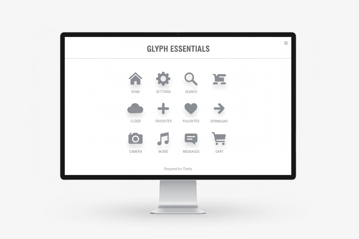 필수 글리프 아이콘 컬렉션을 흰색 배경에 표시하는 미니멀리스트 웹사이트.