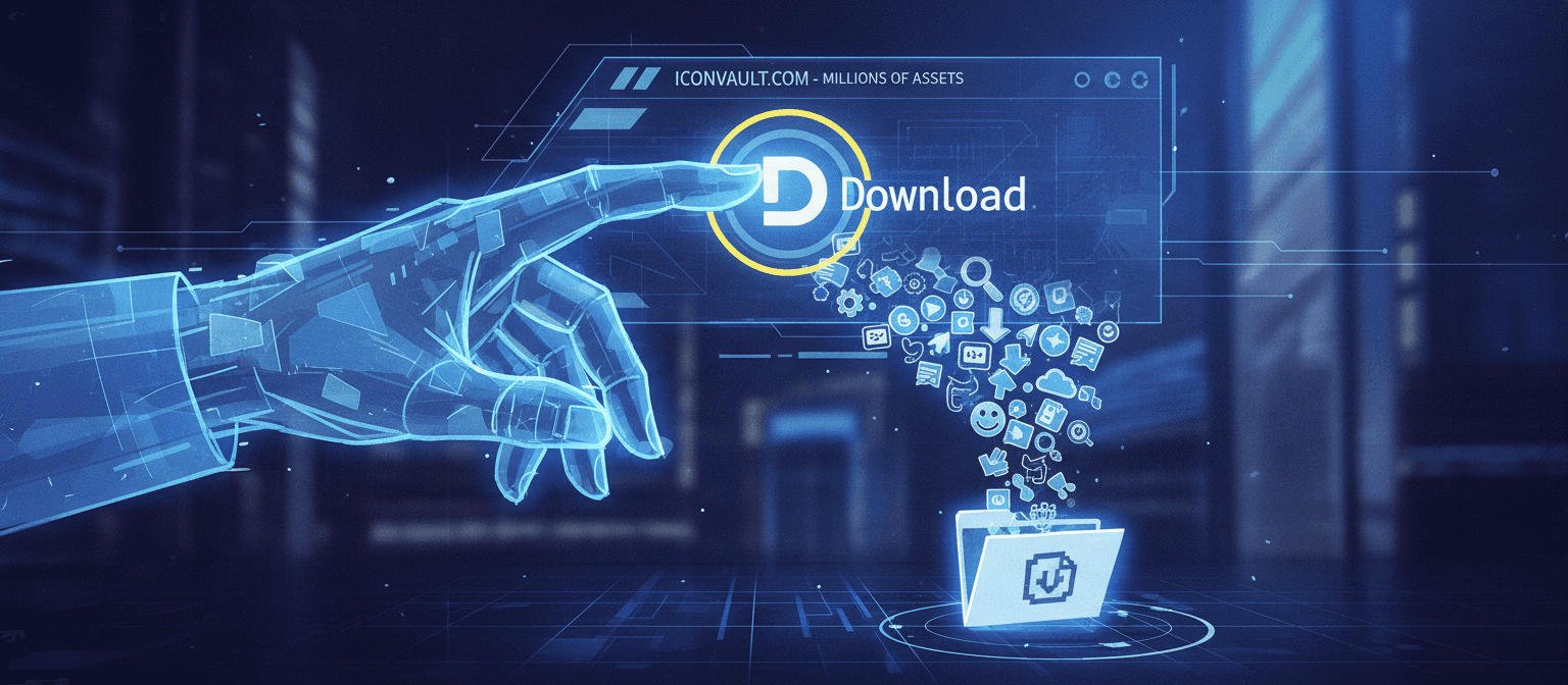 웹사이트에서 아이콘 팩을 다운로드하기 위해 클릭하는 손의 개념적인 이미지.