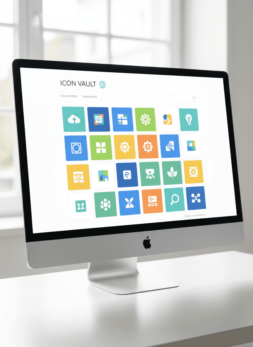 다양한 디지털 아이콘들이 격자 형태로 배열된 깨끗하고 현대적인 아이콘 웹사이트.