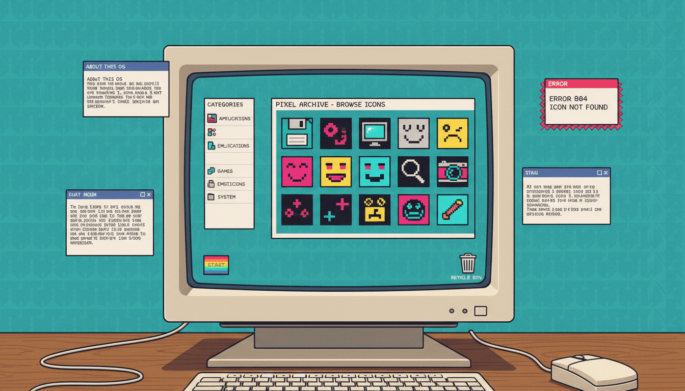 레트로 데스크톱 환경에서 픽셀 아트 아이콘을 보여주는 빈티지 웹사이트입니다.