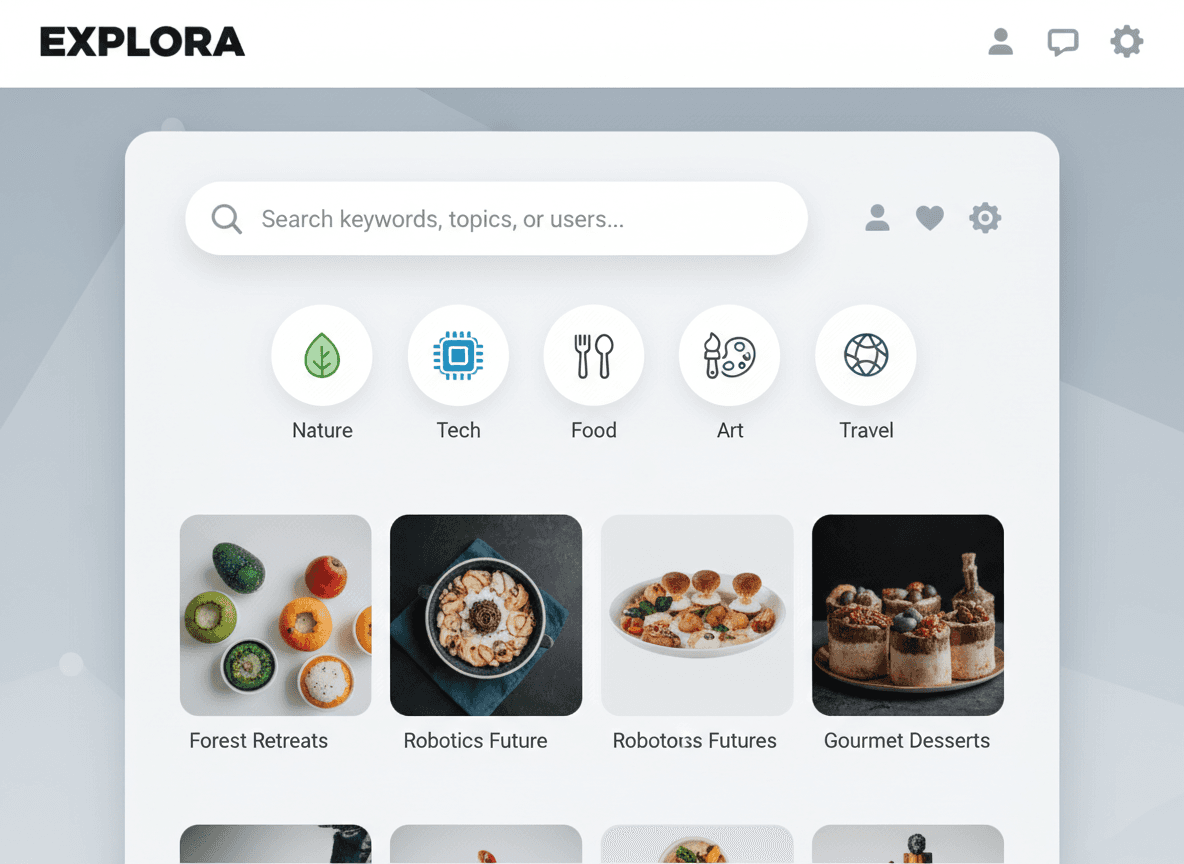 아이콘 검색을 위한 명확한 검색창과 카테고리 필터가 있는 아이콘 웹사이트 인터페이스.