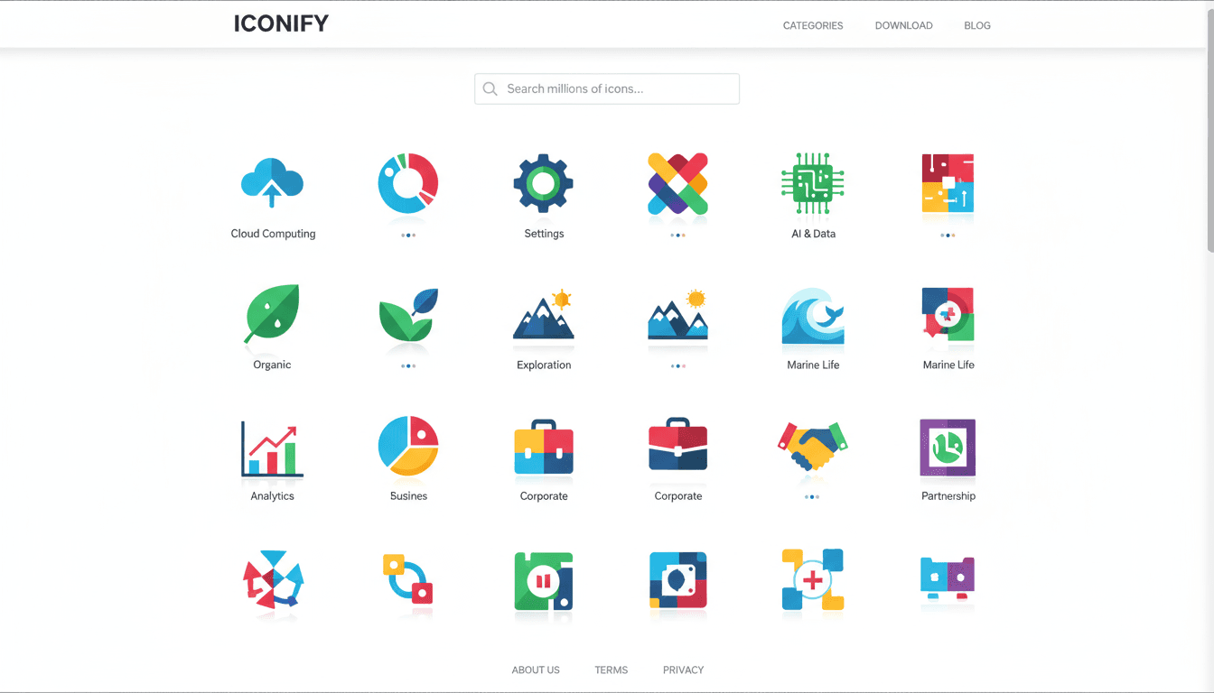 깔끔한 웹사이트 인터페이스에 다채로운 플랫 디자인 아이콘이 전시되어 있습니다.