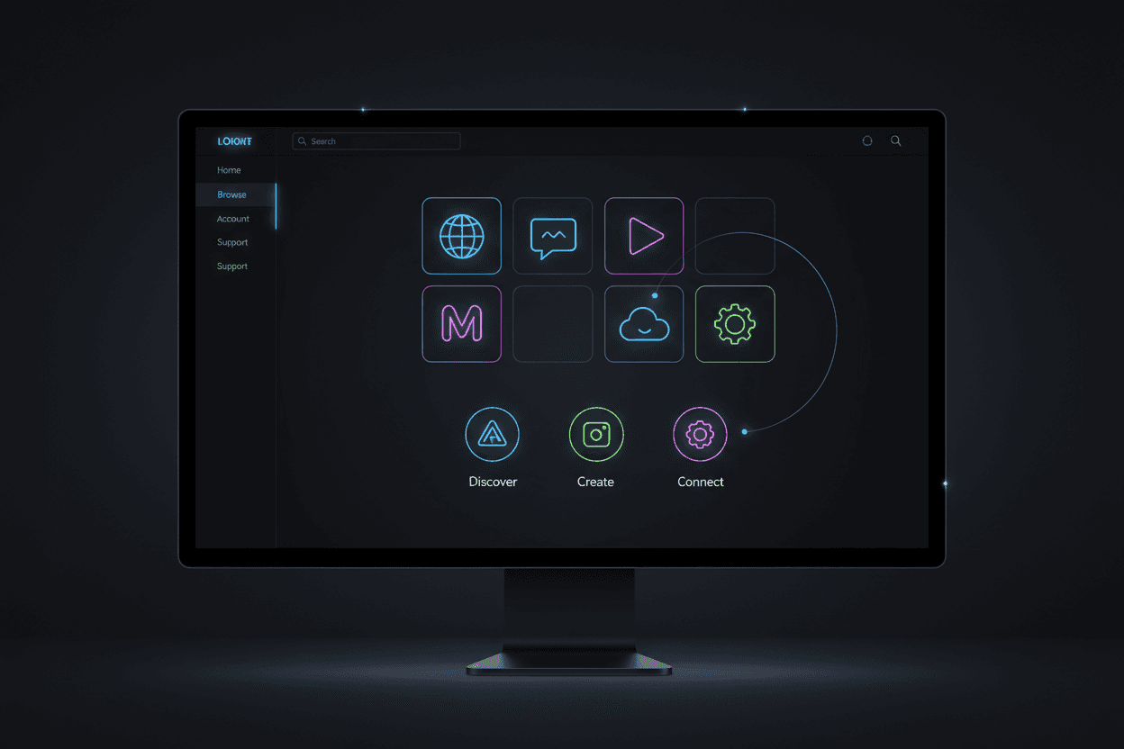 네온 액센트 아이콘들이 있는 다크 모드에서 작동하는 세련된 아이콘 웹사이트.