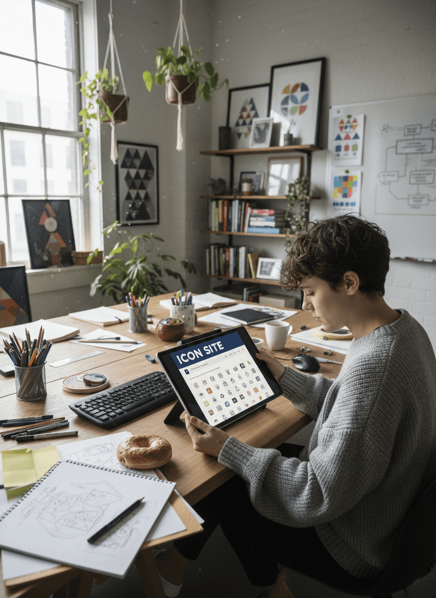창의적인 스튜디오에서 아이콘 사이트를 표시하는 태블릿으로 작업하는 디자이너.