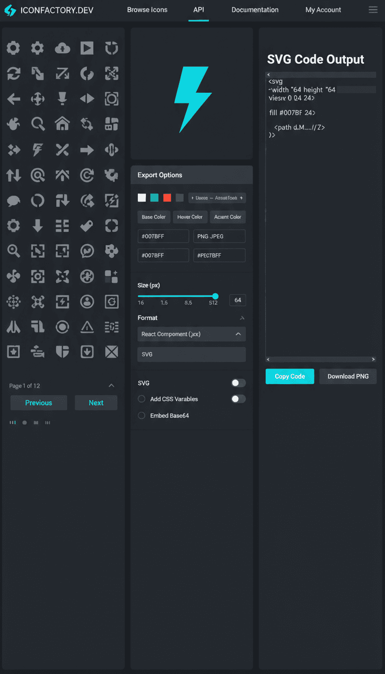 SVG 아이콘 내보내기 옵션을 제공하는 기술적인 웹사이트 인터페이스입니다.