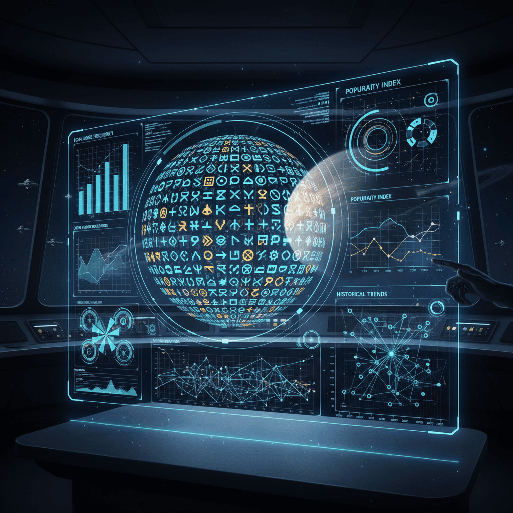 데이터 시각화 및 홀로그램 디스플레이가 있는 공상 과학 테마의 아이콘 연구 웹사이트입니다.