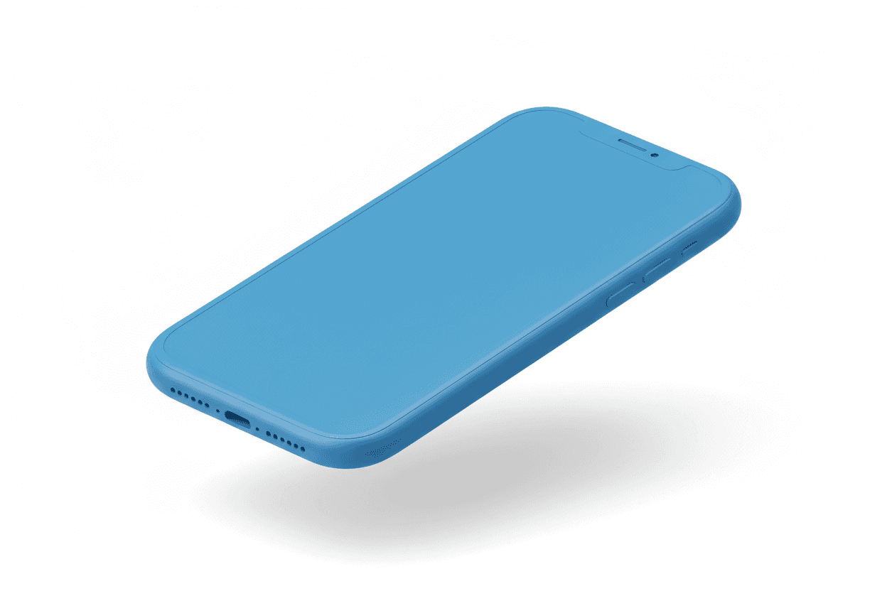 흰색 배경에 있는 아이소메트릭 뷰의 생생한 파란색 클레이 렌더 아이폰 목업.