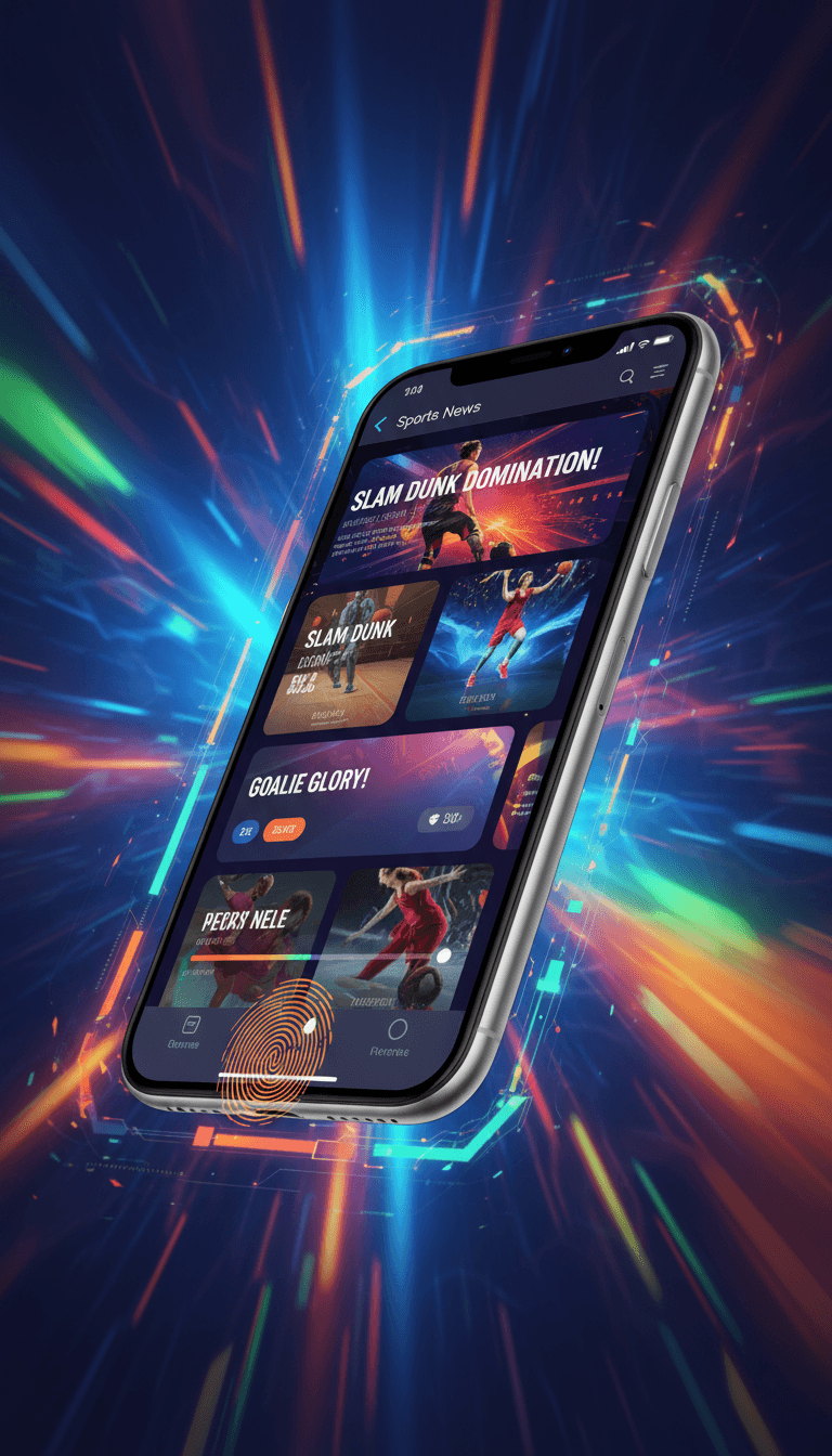 움직이는 듯한 흐림 효과가 있는 다이내믹한 아이폰 목업, 스포츠 뉴스 피드, 활기찬 배경.