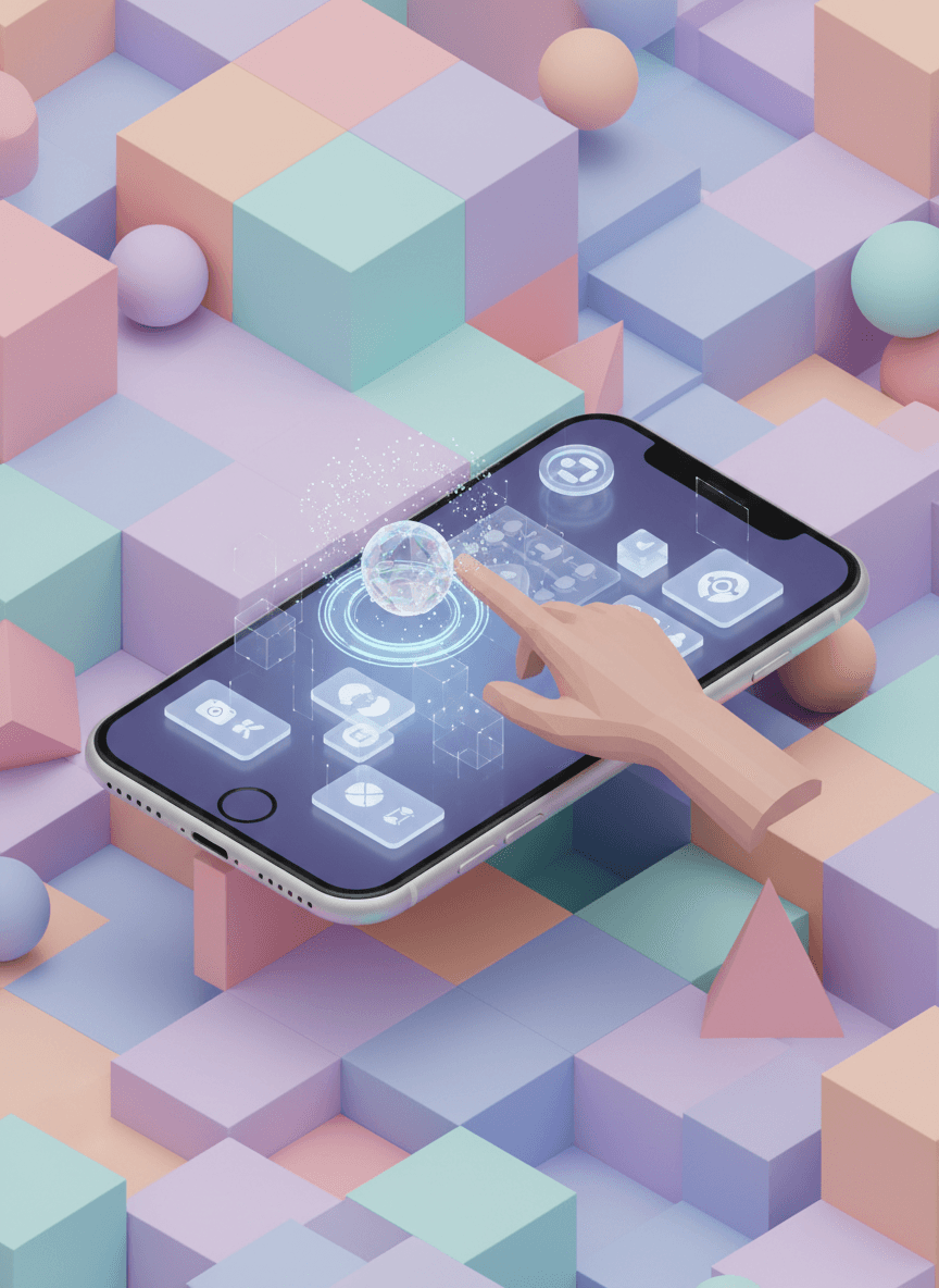 3D 사용자 인터페이스와 기하학적 배경이 있는 등각 투영 아이폰 목업