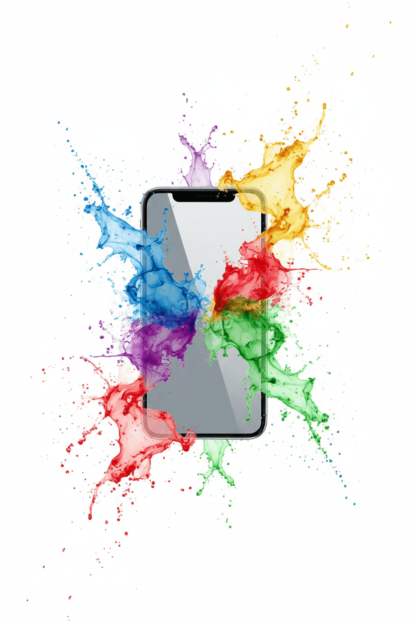 생동감 넘치는 수채화 물감 스플래시와 함께 공중에 떠 있는 아이폰 목업.