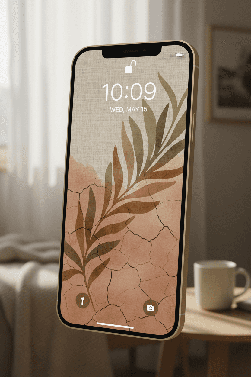 자연적인 색감의 잠금 화면 배경화면이 있는 아이폰 목업