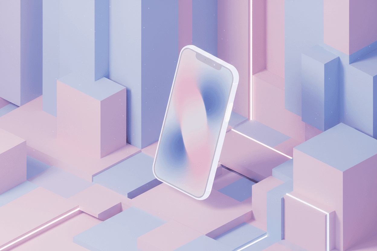 파스텔 색상의 미니멀한 기하학적 공간에 떠 있는 추상적인 3D 아이폰 목업.