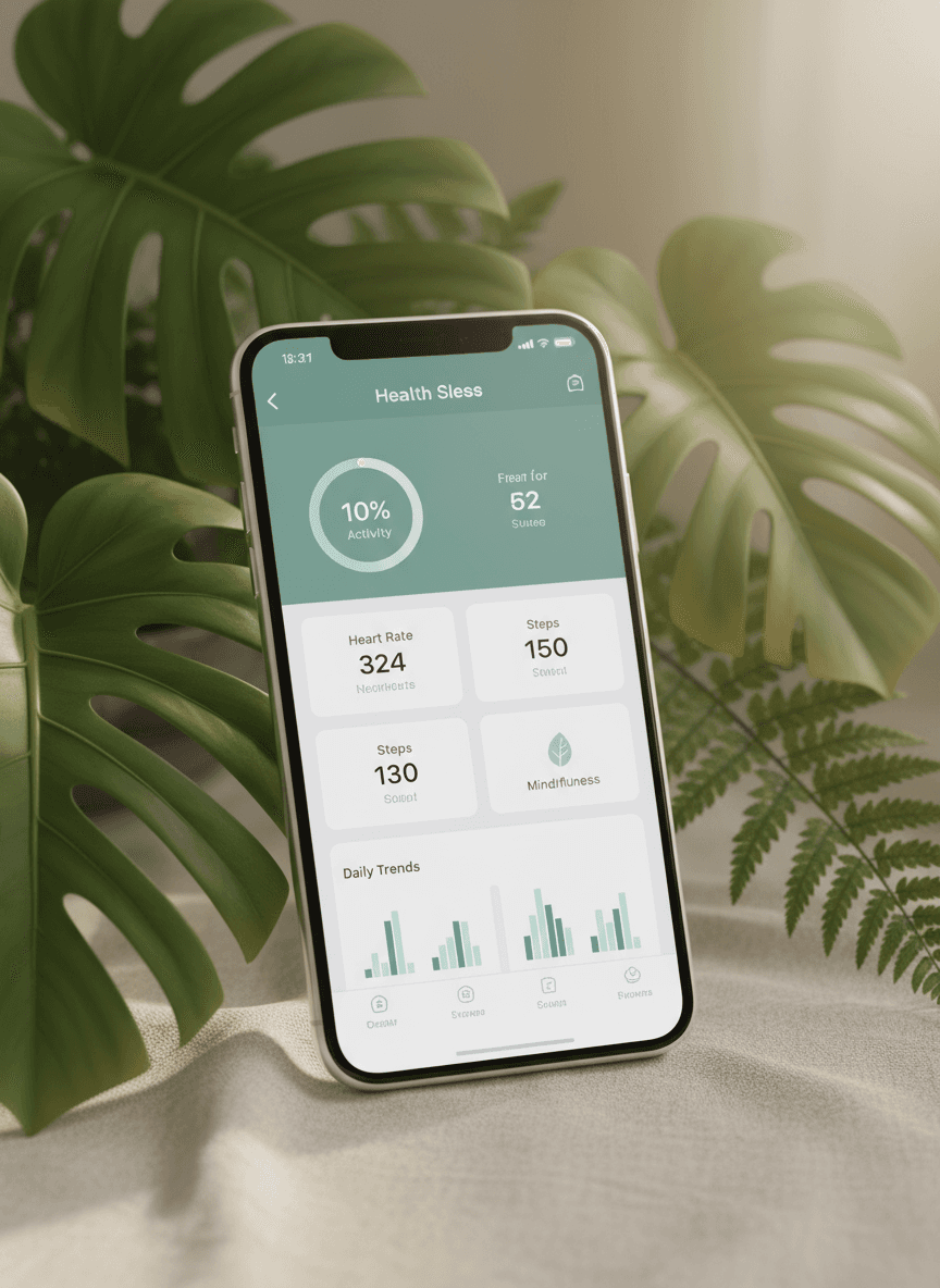 자연 요소와 함께 건강 앱 인터페이스를 표시하는 아이폰 목업