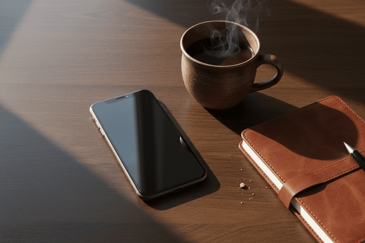 커피잔과 노트북과 함께 나무 책상 위에 놓인 아이폰 목업