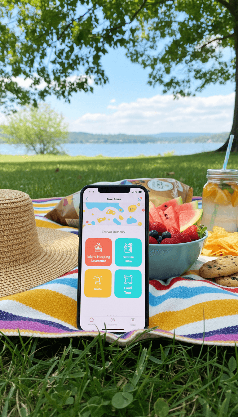 과일과 밀짚모자가 있는 피크닉 담요 위에 놓인, 여행 앱이 보이는 아이폰 목업.