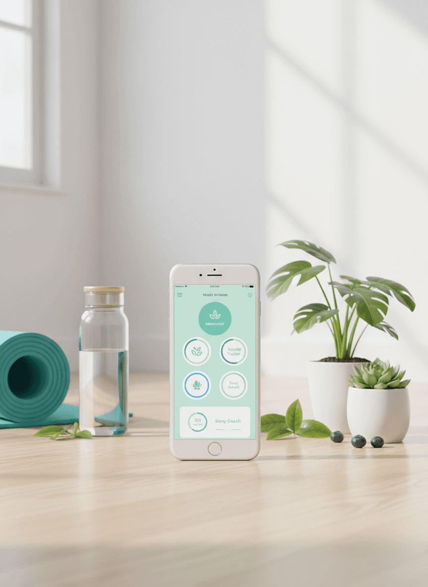 건강 및 웰빙 앱이 있는 아이폰 목업이 요가 매트와 식물들과 함께 건강한 라이프스타일을 홍보한다.