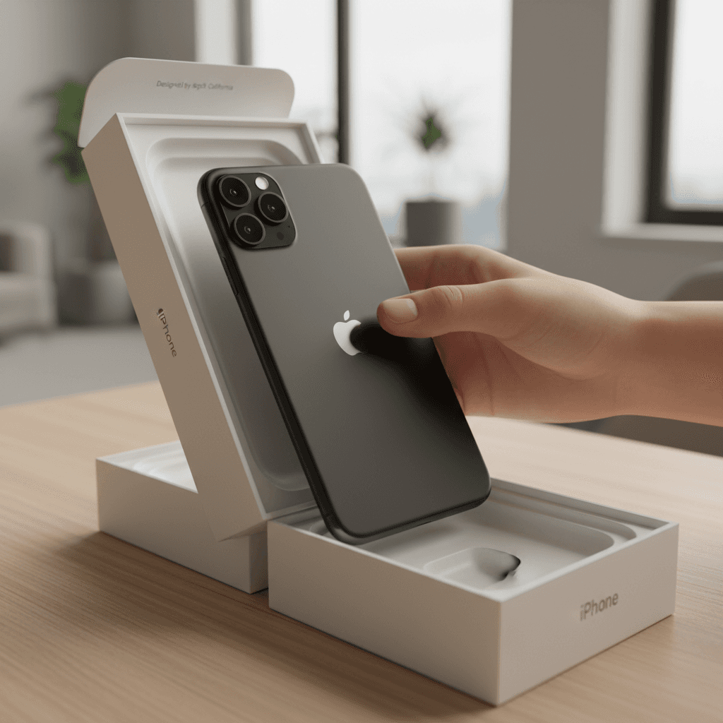 미니멀리스트 패키지에서 언박싱되는 아이폰 목업