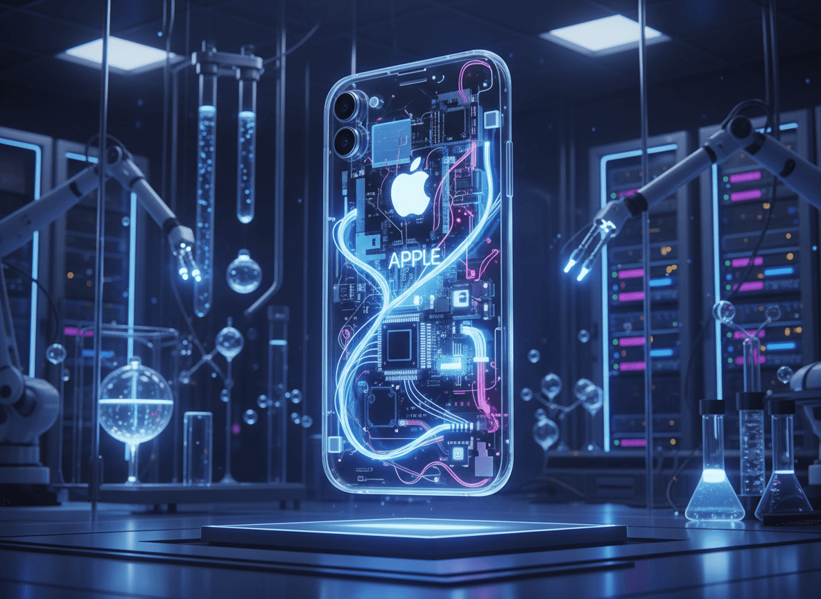 빛나는 회로를 가진 미래 지향적인 투명 유리 아이폰 목업