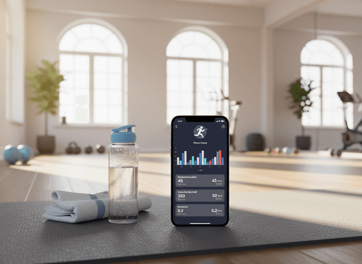 요가 매트 위 체육관에서 피트니스 트래킹 앱이 표시된 아이폰 목업.