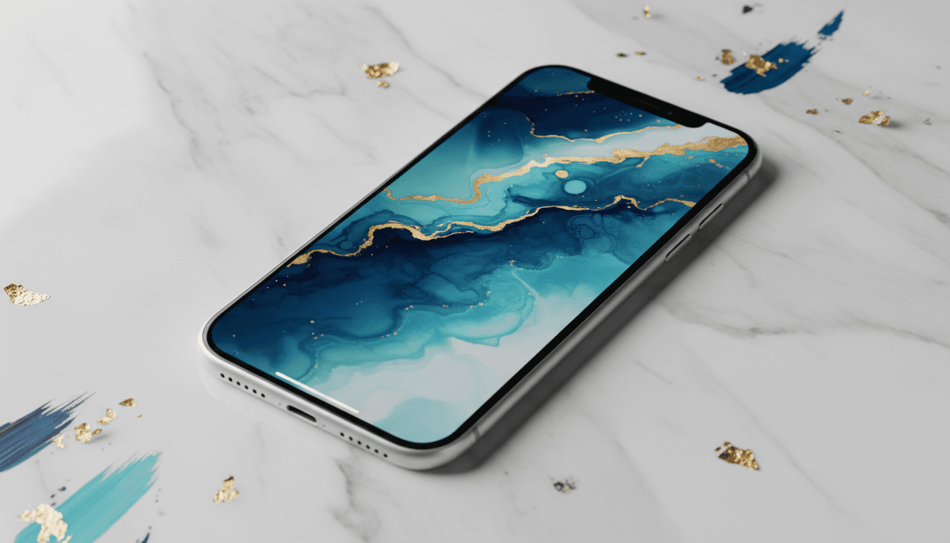 추상 예술 배경화면을 가진 아이폰 목업, 대리석 표면에 놓여져 있으며 우아함.