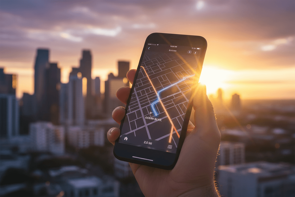 일몰 도시 스카이라인 배경에 내비게이션 앱이 표시된 아이폰 목업.