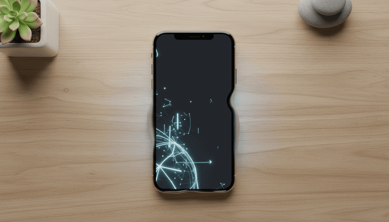 나무 탁자에 매끄럽게 통합된 아이폰 목업으로, 혁신적인 인테리어 디자인을 보여준다.