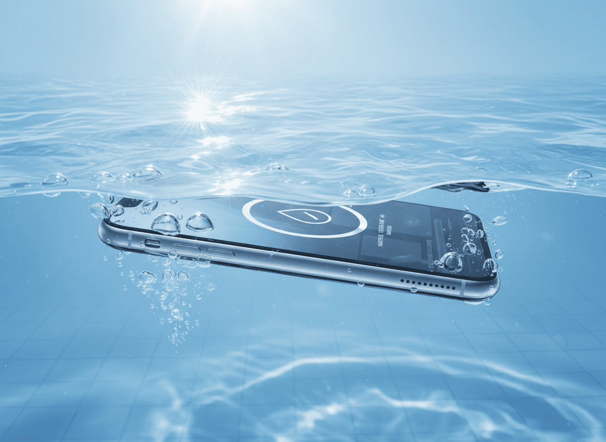 맑은 물에 부분적으로 잠긴 개념적인 아이폰 목업