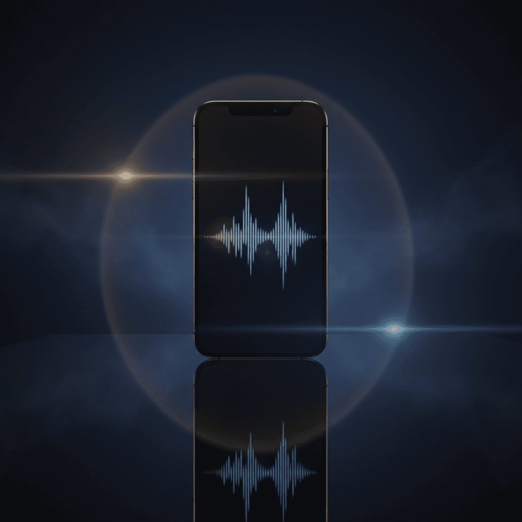 반사되는 표면 위에 놓인 어두운 파란색 배경의 아이폰 목업