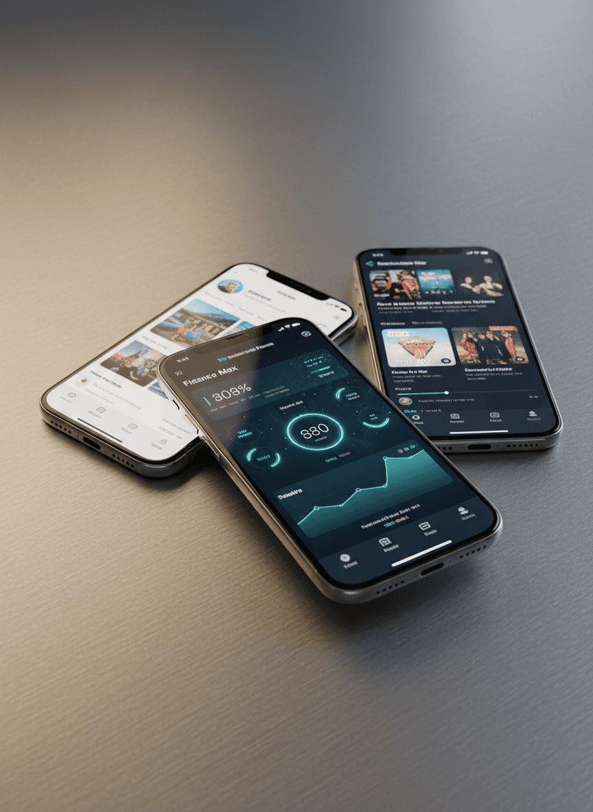 앱의 다른 화면을 보여주는 여러 아이폰 목업이 우아하게 겹쳐져 있다.