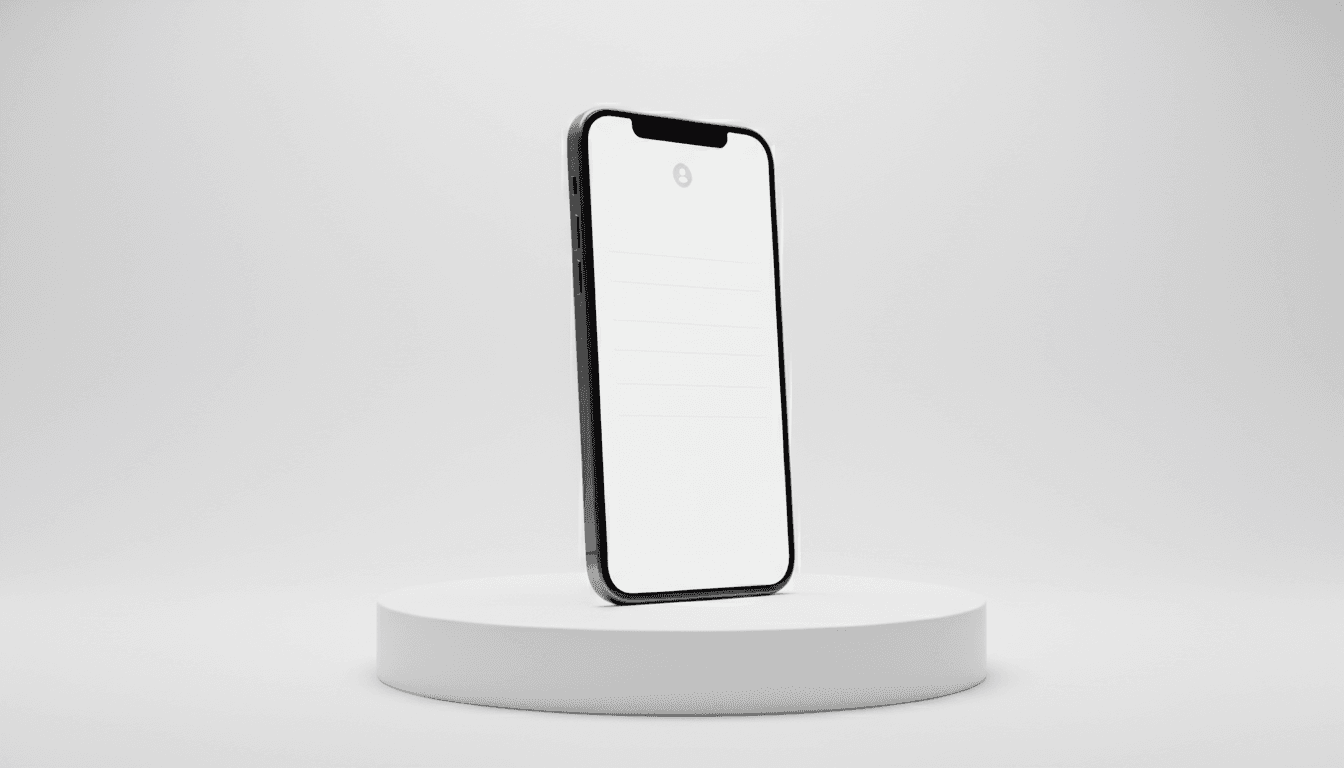밝은 스튜디오에서 하얀색 화면이 있는 미니멀리스트 아이폰 목업.