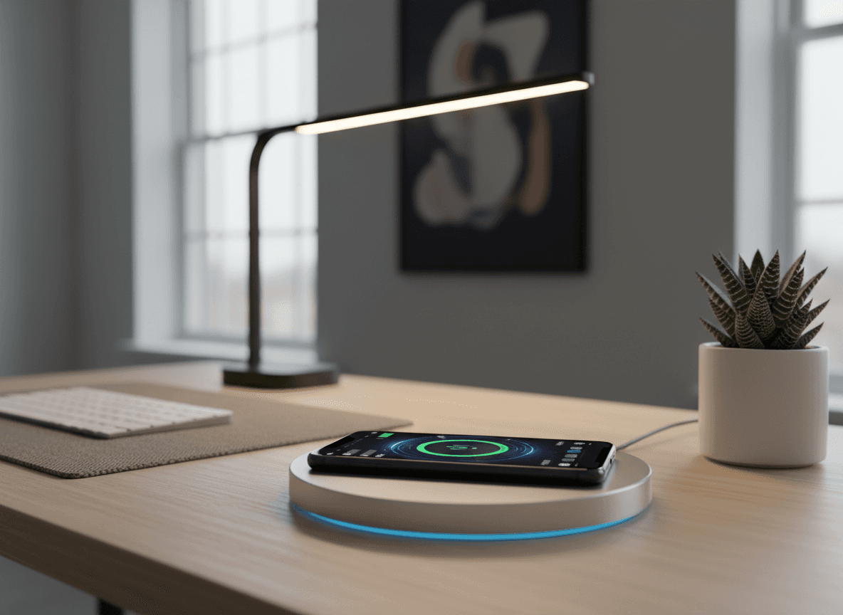 현대적인 책상 위 세련된 패드에서 무선 충전 중인 아이폰 목업.