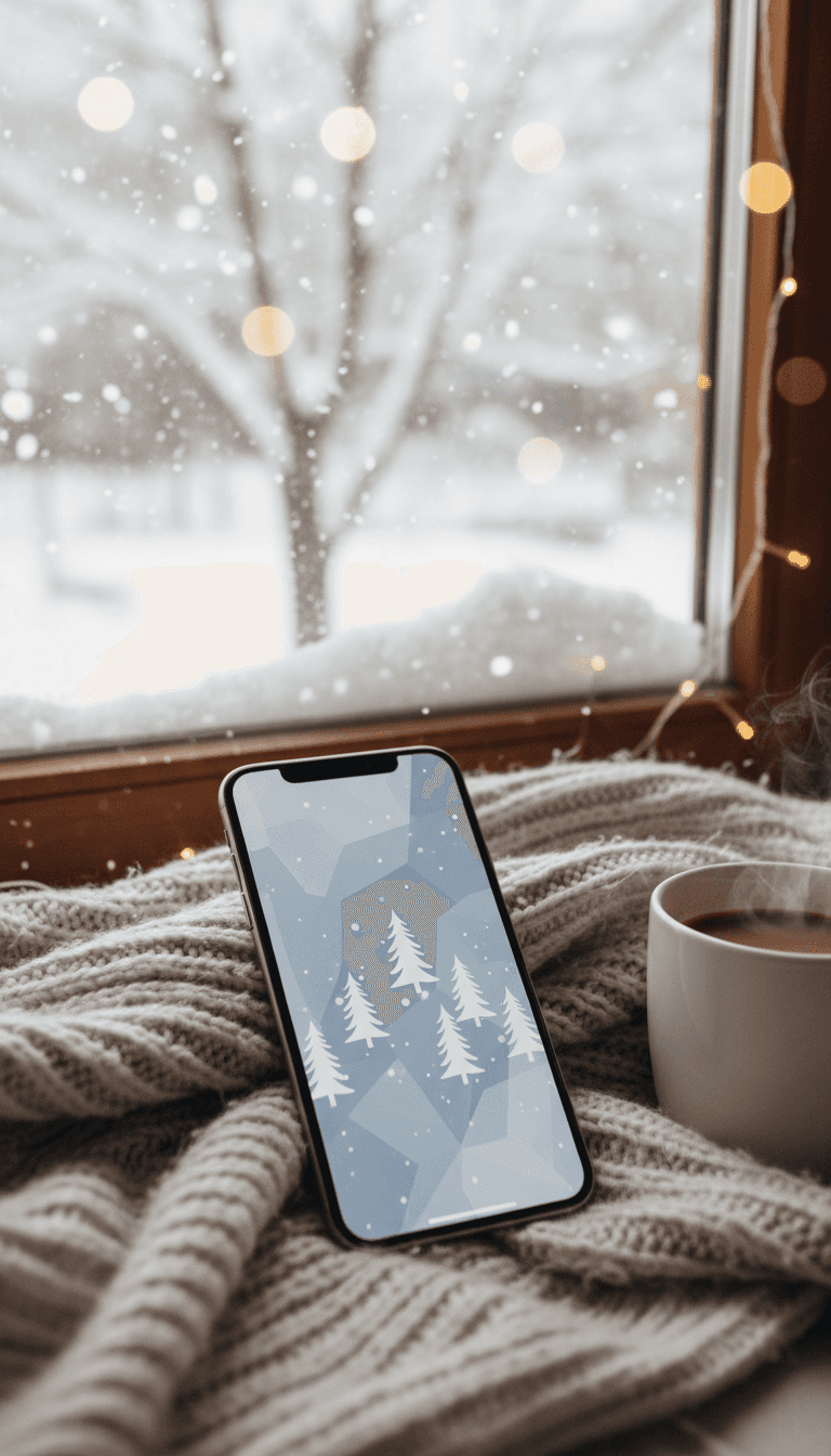 따뜻하고 눈 덮인 창문 배경에 겨울 테마 배경화면을 가진 아이폰 목업.