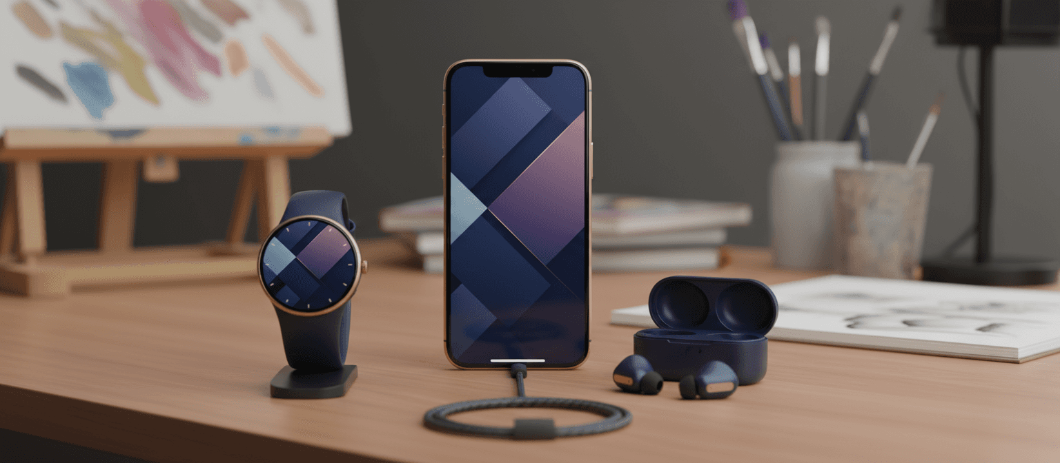 매칭되는 무선 이어폰과 스마트워치와 함께 책상 위에 전시된 아이폰 목업.