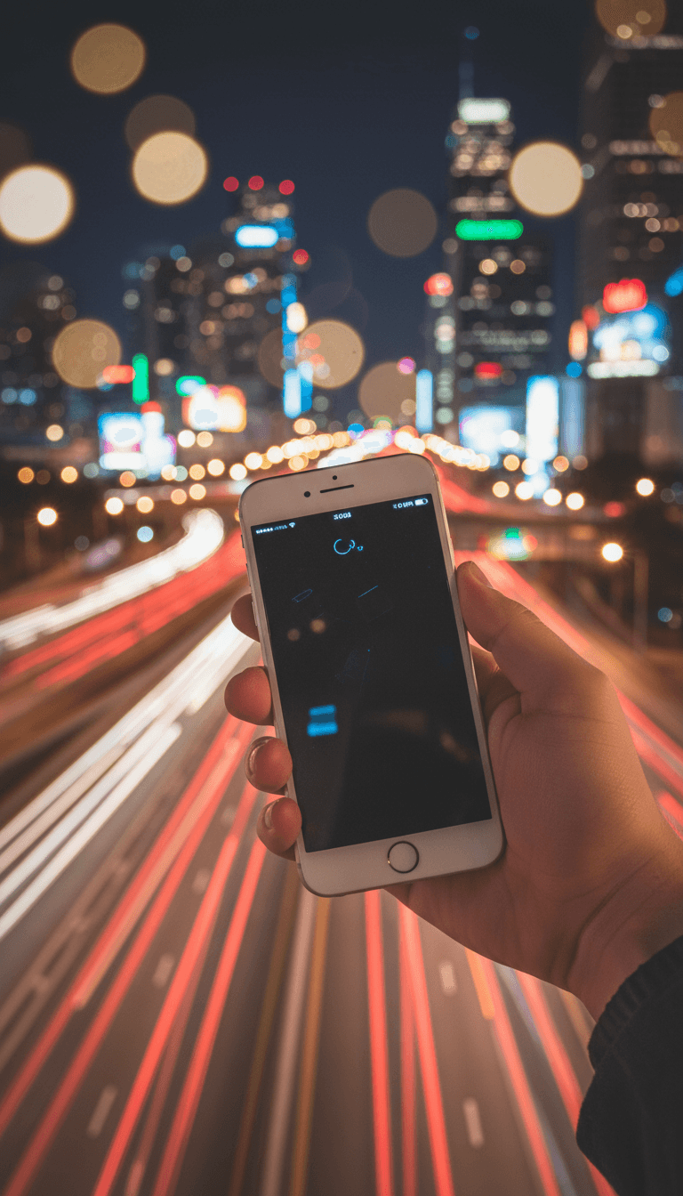 흐릿한 도시 야경 배경의 아이폰 목업