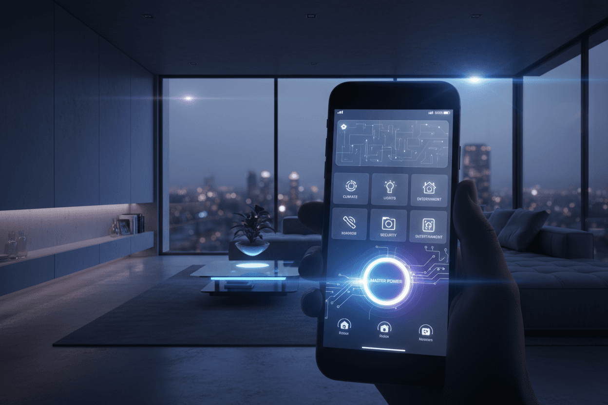 어두운 현대식 거실에서 미래형 스마트 홈 인터페이스를 보여주는 아이폰 목업.