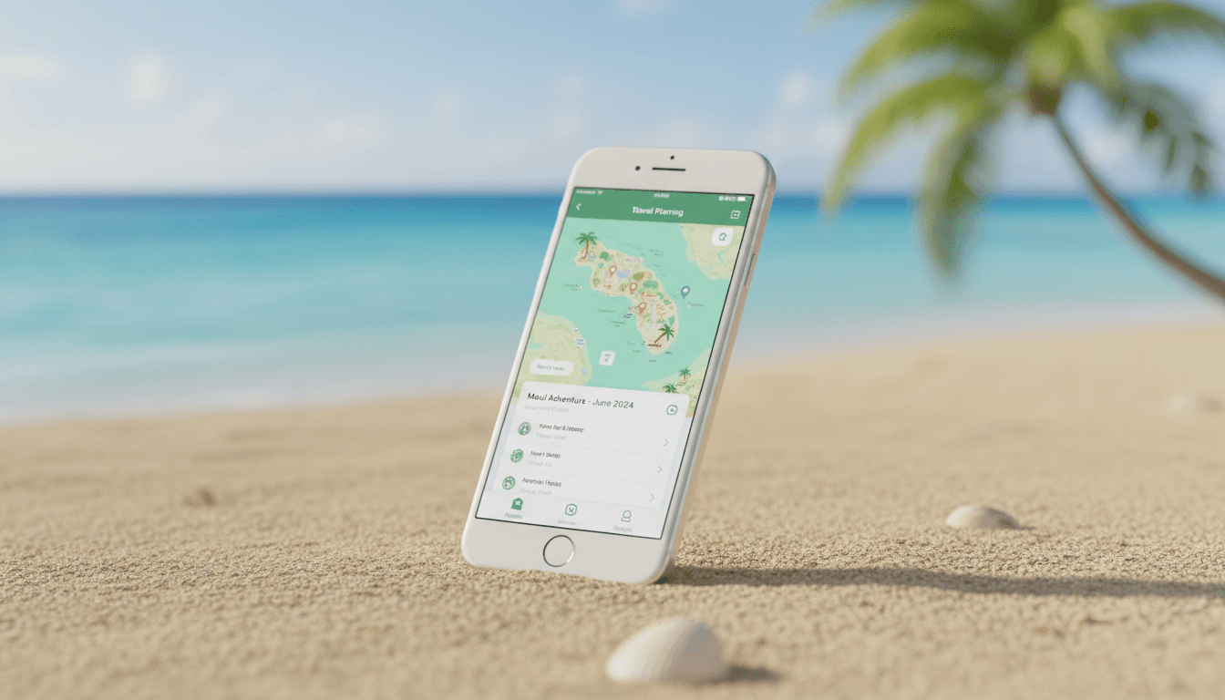 바다가 보이는 해변 모래 위에 여행 계획 앱이 표시된 아이폰 목업.