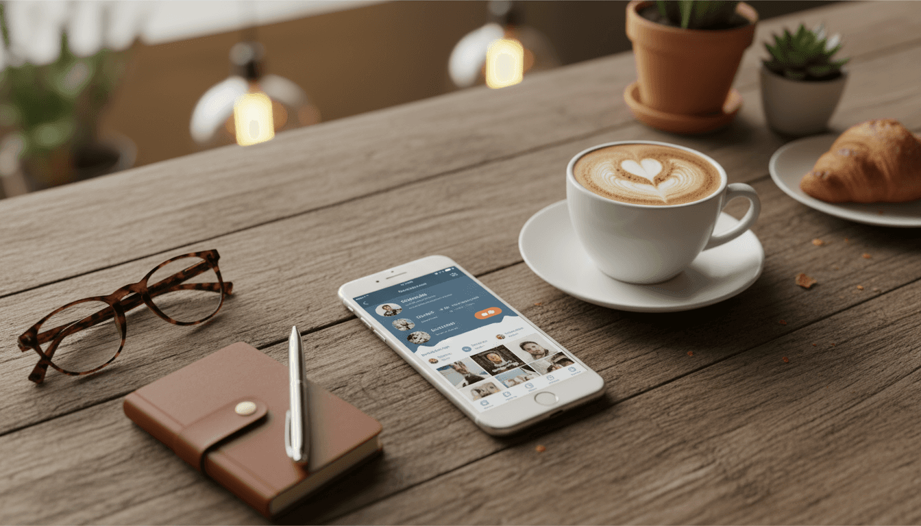 카페 나무 테이블 위의 아이폰 목업, 소셜 미디어 앱 표시, 라떼 배경.