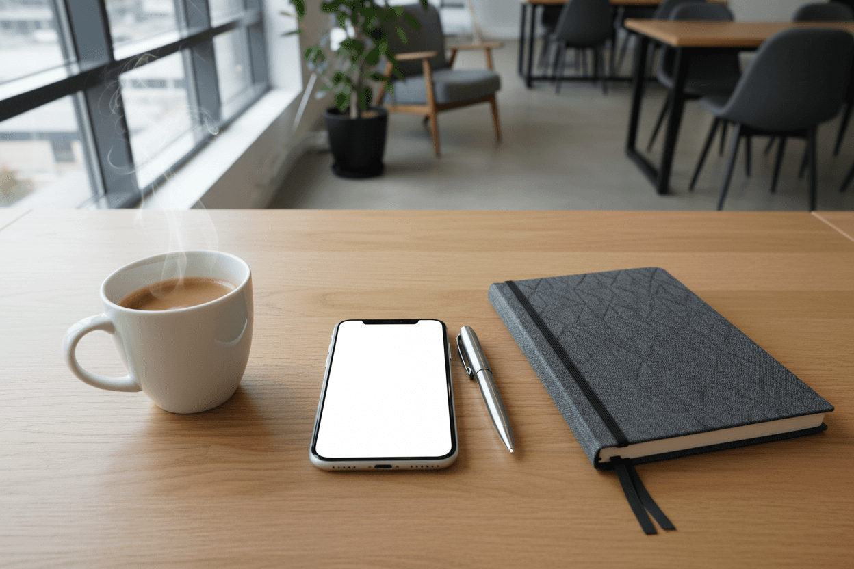 현대적인 오크 책상 위에 사무용품과 함께 놓인 아이폰 목업, 위에서 본 모습.