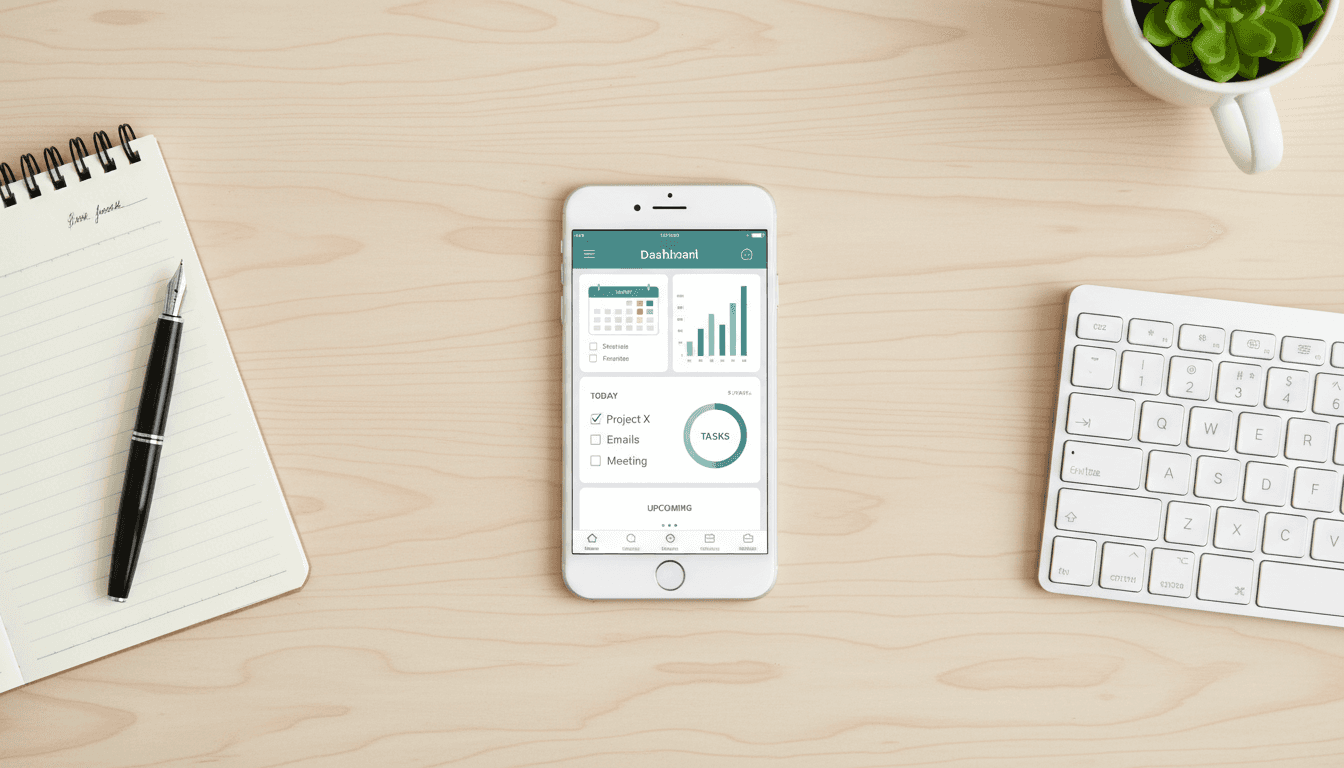 생산성 대시보드 앱이 표시된 아이폰 목업의 오버헤드 샷, 문구류에 둘러싸임.