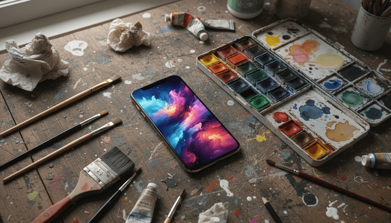 디지털 아트 배경화면이 있는 아이폰 목업이 붓과 수채화 물감 같은 예술가의 도구로 둘러싸여 있다.