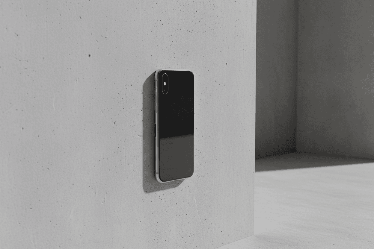 아이폰 목업의 측면 모습으로, 얇은 디자인이 콘크리트 벽을 배경으로 강조된다.