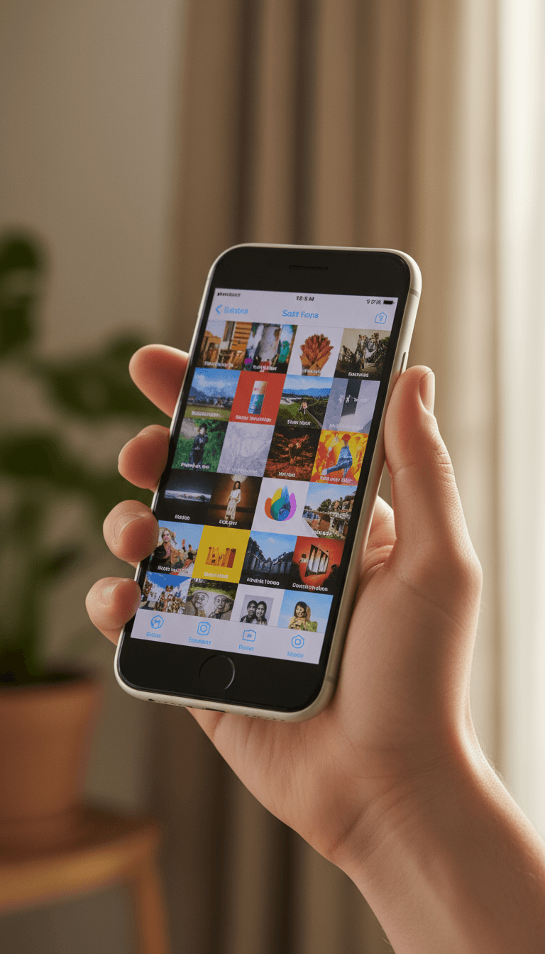 생생한 사진 갤러리 앱이 표시된 아이폰 목업을 잡고 있는 손 클로즈업.