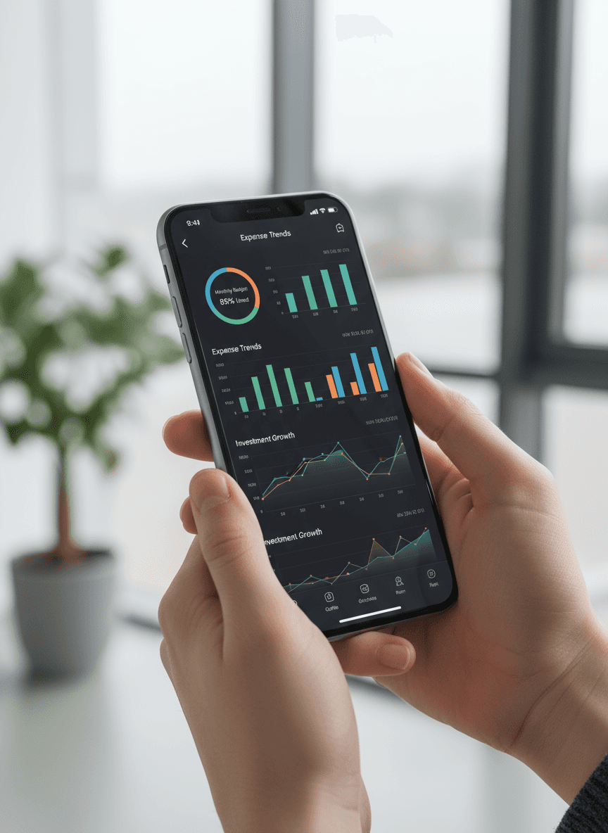 재정 추적 앱을 보여주는 아이폰 목업의 클로즈업, 부드러운 스튜디오 조명 아래에서 눈높이에 들려있다.