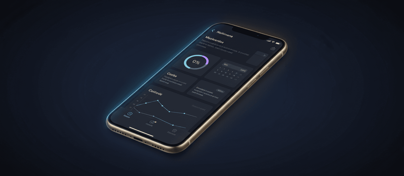 어두운 네이비 배경에 우아한 조명이 더해진 다크 모드 인터페이스 아이폰 목업.