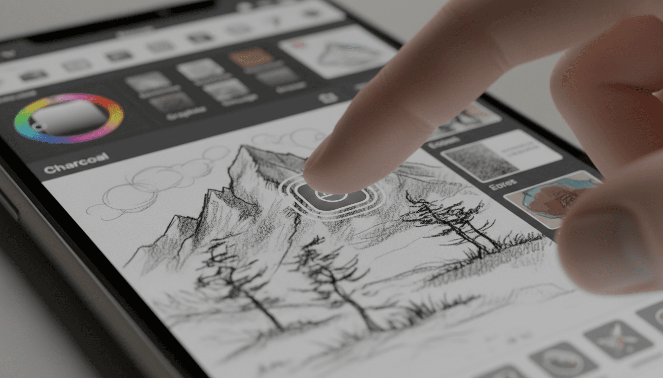 드로잉 앱 인터페이스를 표시하는 아이폰 목업 화면의 초근접샷.