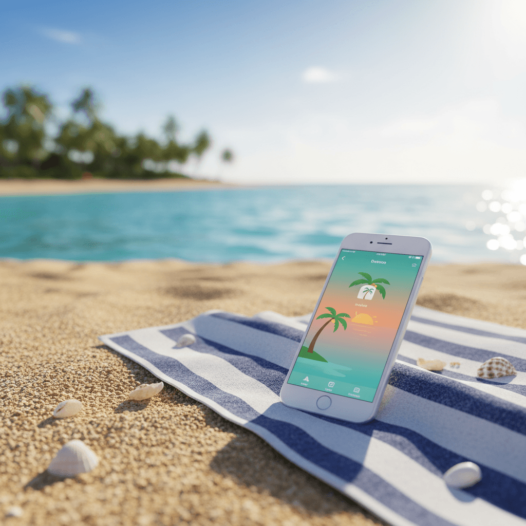 모래사장 위 비치 타월에 놓인 아이폰 목업, 배경에는 바다가 있다.