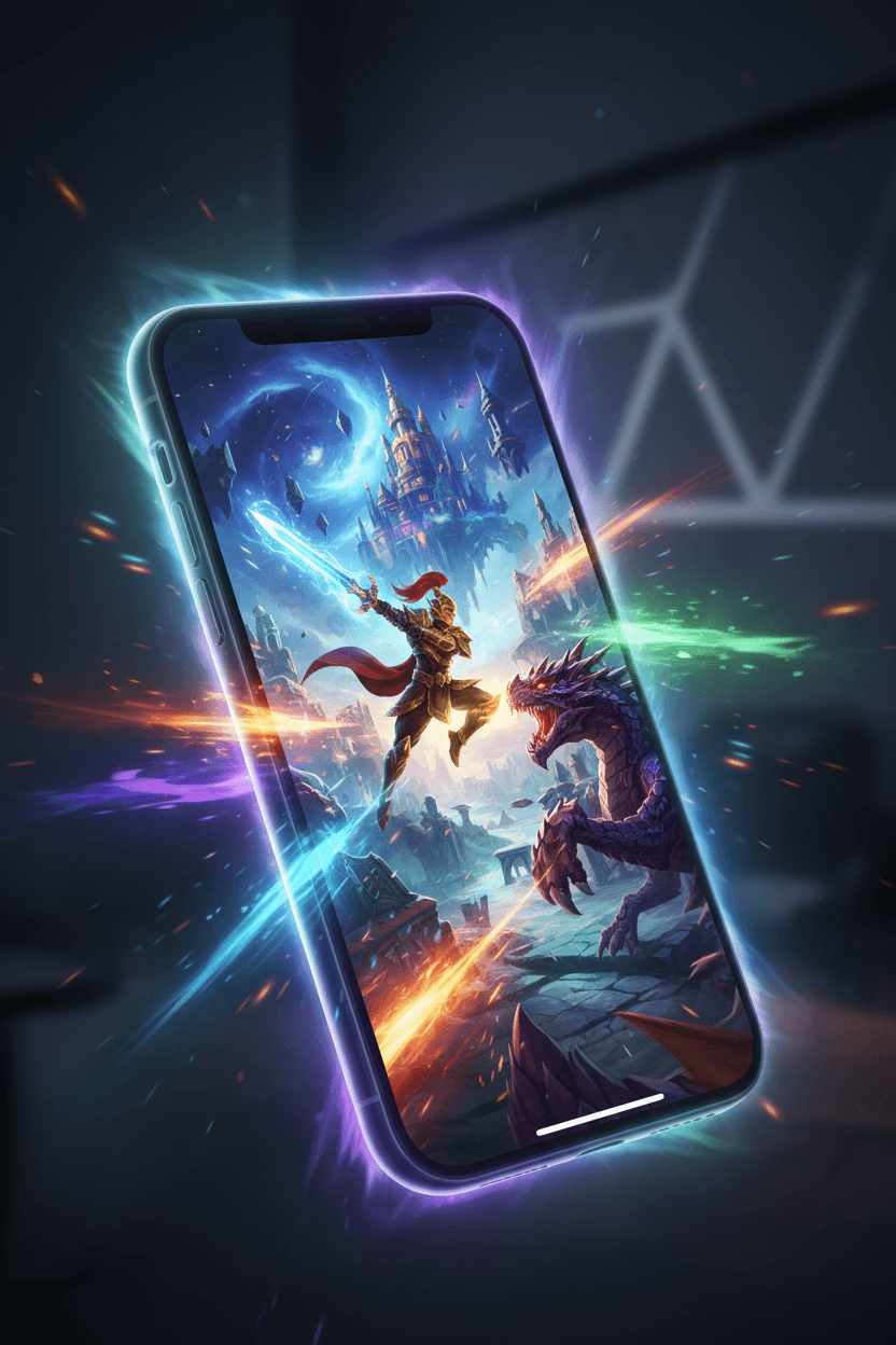 고사양 모바일 게임이 실행 중인 아이폰 목업