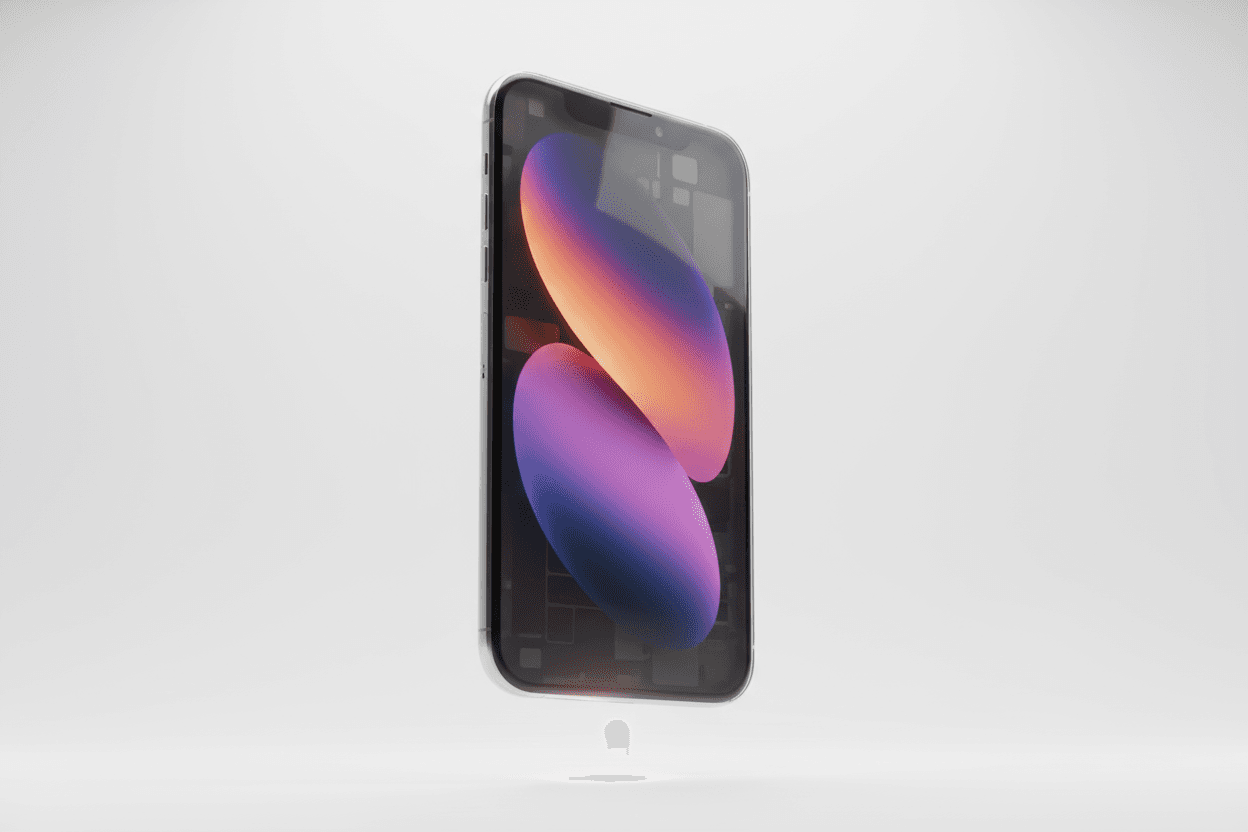 추상 그라데이션 배경화면이 표시된 투명한 뒷면을 가진 초현대적 아이폰 목업.