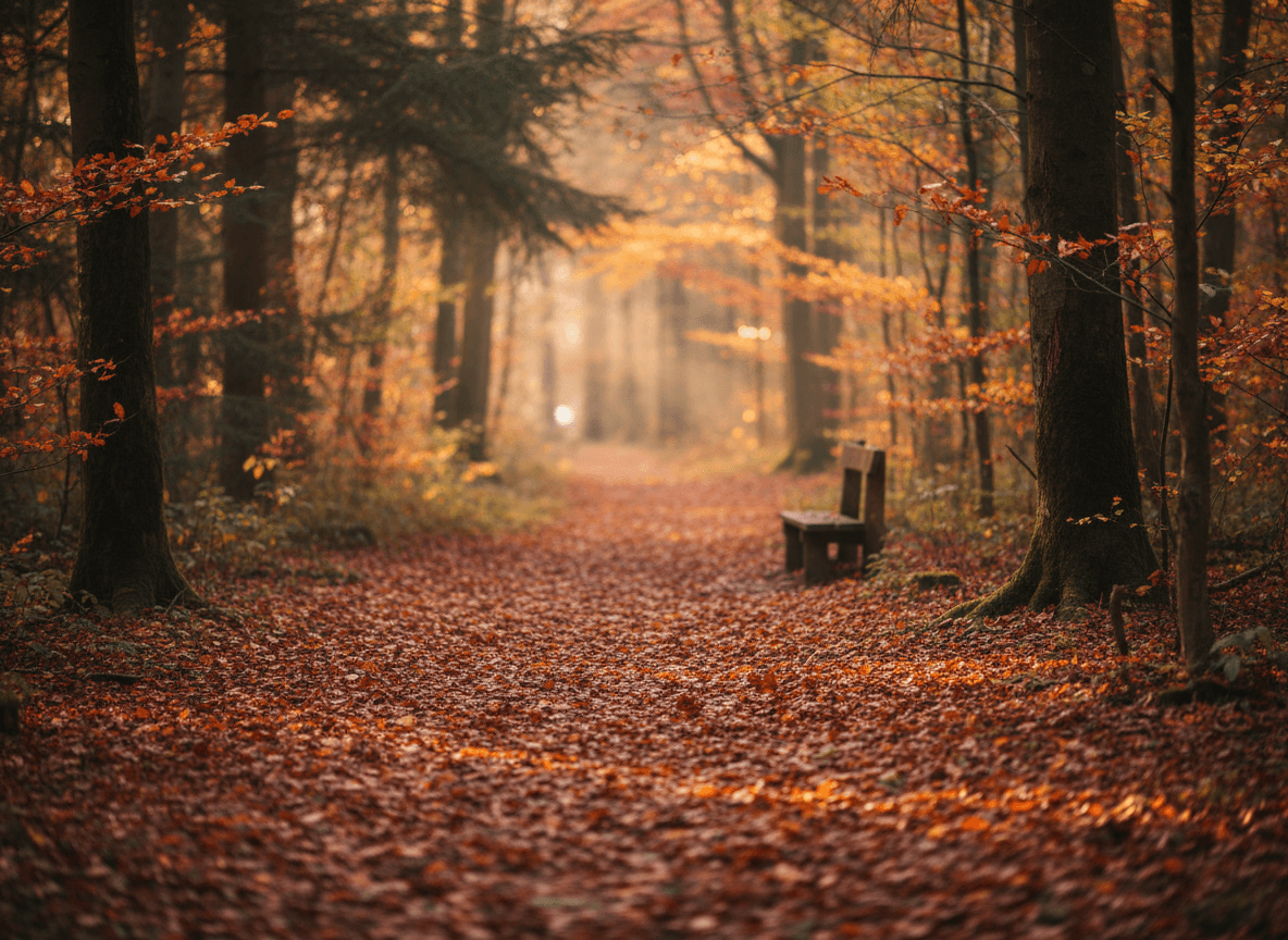 붉고 황금빛 낙엽과 햇살이 비치는 아늑한 가을 숲길 아이폰 배경화면.